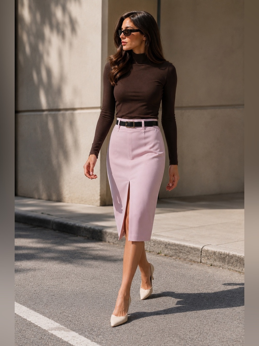 Zara NWT Blush Pink Belted Midi Pencil Skirt - Front Slit Tailored Office Chic